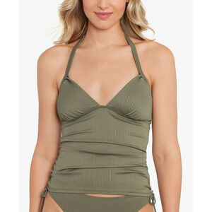 Salt + Cove Juniors' Ribbed Shirred Halter Tankini Top Olive Green Size S 5004